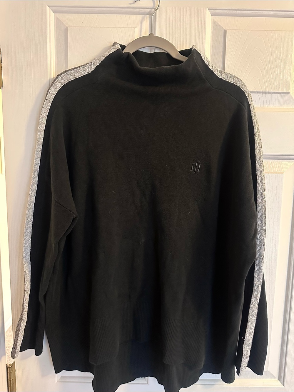 Tommy Hilfiger Black Turtleneck Sweater with Gray Shoulder Stripes